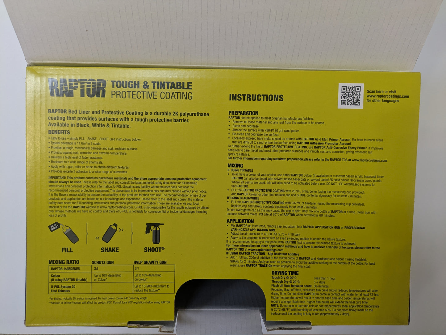 3.8ltr (1 gallon) Upol Tintable Raptor Kit With Spray Gun